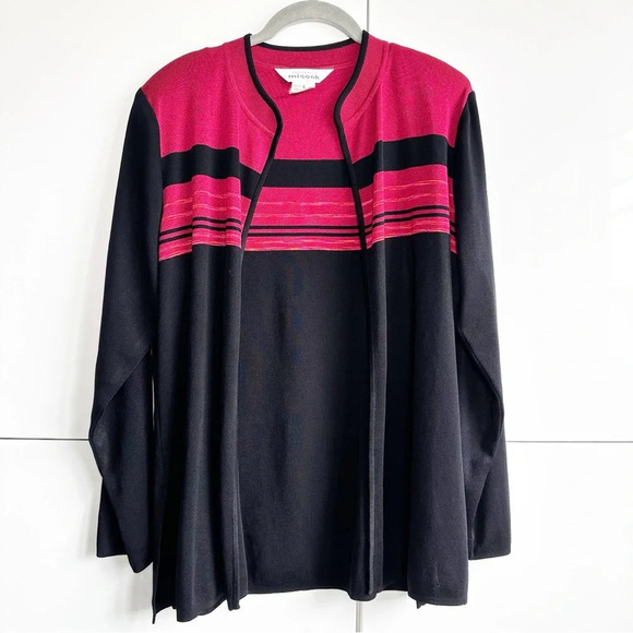 Exclusively Misook Cardigan Womens L Sweater
Open Front Black Red Slinky Knit - Picture 1 of 7